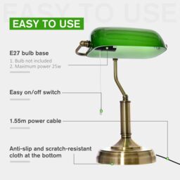 HOMCOM Banker's Table Lamp Antique Bronze Base Green Glass Shade Pull Rope - thumbnail 5