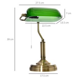 HOMCOM Banker's Table Lamp Antique Bronze Base Green Glass Shade Pull Rope - thumbnail 3