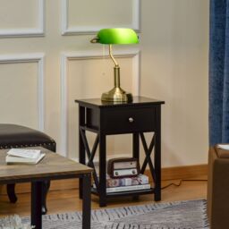 HOMCOM Banker's Table Lamp Antique Bronze Base Green Glass Shade Pull Rope - thumbnail 1
