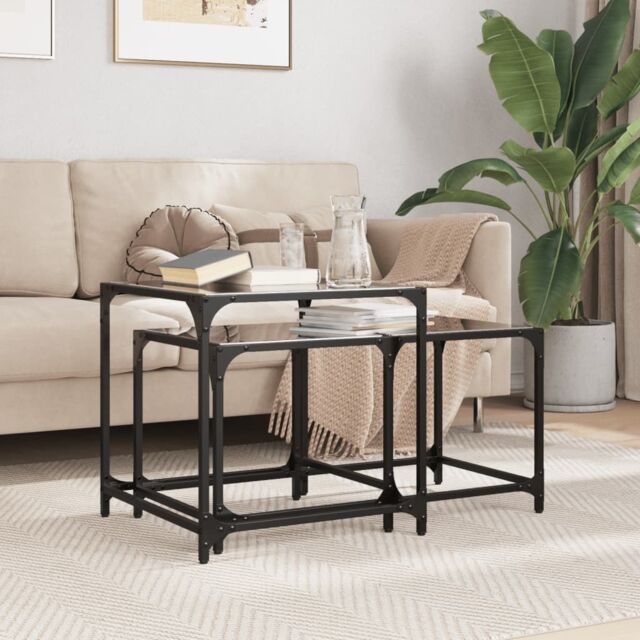 Berkfield Home Nesting Coffee Tables 2 pcs with Black Glass Top Steel - image 1