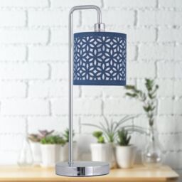 First Choice Lighting Set of 2 Chrome Arched Table Lamps with Navy Blue Laser Cut Shades in Silver - thumbnail 6