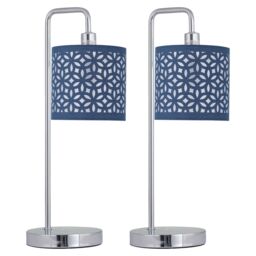 First Choice Lighting Set of 2 Chrome Arched Table Lamps with Navy Blue Laser Cut Shades in Silver