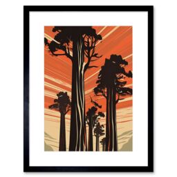 "Artery8 Wall Art Print Sequoia National Forest Large Tree Linocut Poster Artwork Framed 9X7 Inch in Black - Size: W7"" x H9""" - thumbnail 1
