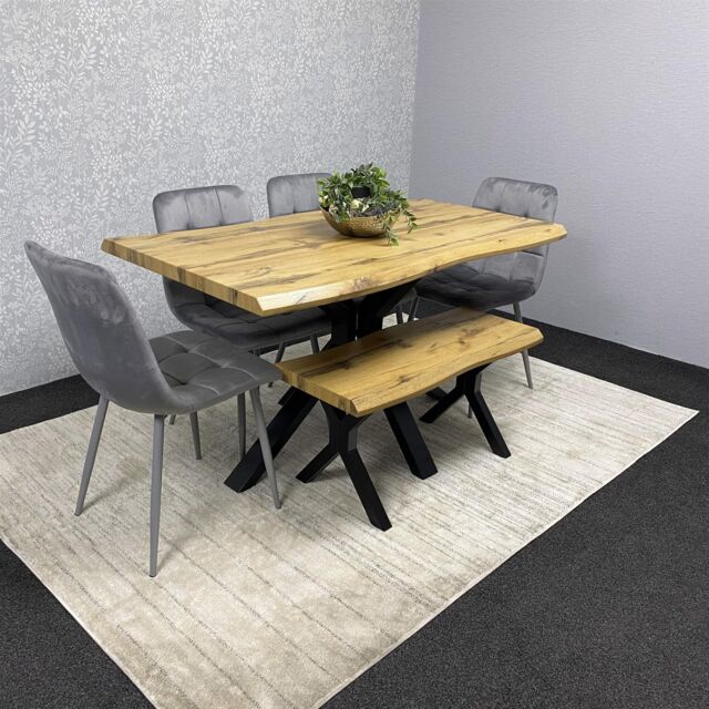 KOSY KOALA Wooden Dining Table with Bench & 4 Grey Velvet Chairs, Stylish Dining Room Furniture in Brown - image 1