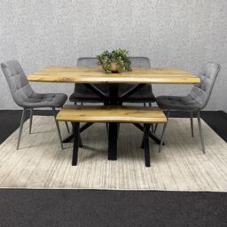 KOSY KOALA Wooden Dining Table with Bench & 4 Grey Velvet Chairs, Stylish Dining Room Furniture in Brown - thumbnail 2
