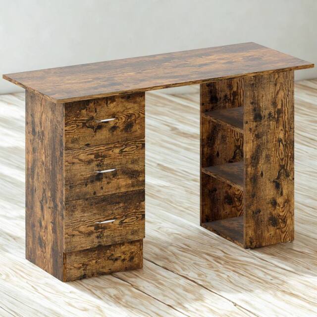 FURNOS Industrial Rustic 120CM Computer Desk With 3 Drawers & Shelves in Brown - image 1