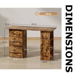 FURNOS Industrial Rustic 120CM Computer Desk With 3 Drawers & Shelves in Brown - thumbnail 8