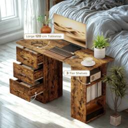 FURNOS Industrial Rustic 120CM Computer Desk With 3 Drawers & Shelves in Brown - thumbnail 4