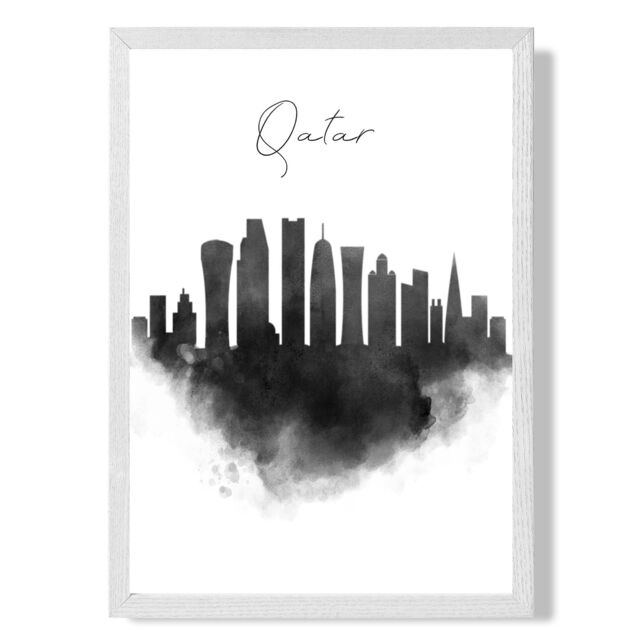 ARTZE Qatar Watercolour Skyline City Framed Print SIZE: A3 with White Frame in Black - Size: A4 - image 1