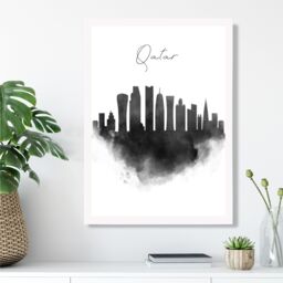 ARTZE Qatar Watercolour Skyline City Framed Print SIZE: A3 with White Frame in Black - Size: A4 - thumbnail 2