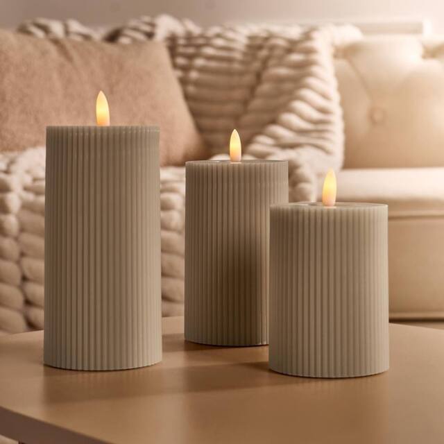 OHS Set of 3 Ribbed Flameless LED Candles Decorative Lights Party Home in Natural - image 1