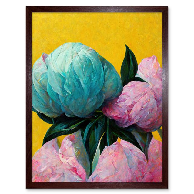 "Artery8 Wall Art Print Elegant Peony Floral Bouquet Yellow Teal Pink Flowers Painting Art Framed in Brown - Size: W12"" x H16""" - image 1