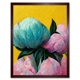 "Artery8 Wall Art Print Elegant Peony Floral Bouquet Yellow Teal Pink Flowers Painting Art Framed in Brown - Size: W12"" x H16""" - thumbnail 1