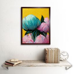 "Artery8 Wall Art Print Elegant Peony Floral Bouquet Yellow Teal Pink Flowers Painting Art Framed in Brown - Size: W12"" x H16""" - thumbnail 2
