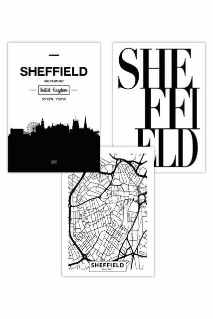 ARTZE Set of 3 SHEFFIELD Skyline Street Map City Prints Art Posters in Black - Size: W50 cm x H70 cm - image 1
