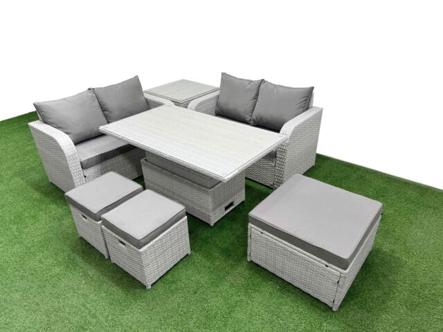 Fimous 7 Seater Outdoor Love Sofa Set Rattan Garden Furniture Set with Adjustable Lifting Dining or Coffee Table 3 Footstool Side Table Light Grey - image 1