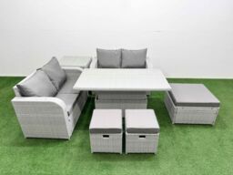 Fimous 7 Seater Outdoor Love Sofa Set Rattan Garden Furniture Set with Adjustable Lifting Dining or Coffee Table 3 Footstool Side Table Light Grey - thumbnail 2