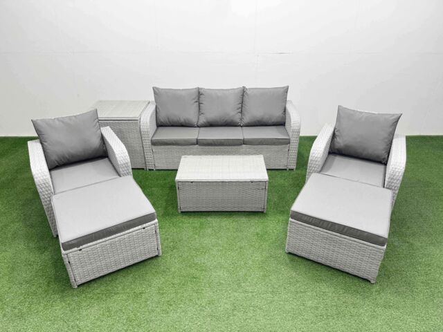 Fimous PE Rattan Garden Furniture Set Reclining Chair Sofa Lounge Sofa Set Oblong Coffee Table Side Table 2 Big Footstool Light Grey - image 1