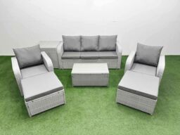 Fimous PE Rattan Garden Furniture Set Reclining Chair Sofa Lounge Sofa Set Oblong Coffee Table Side Table 2 Big Footstool Light Grey - thumbnail 2