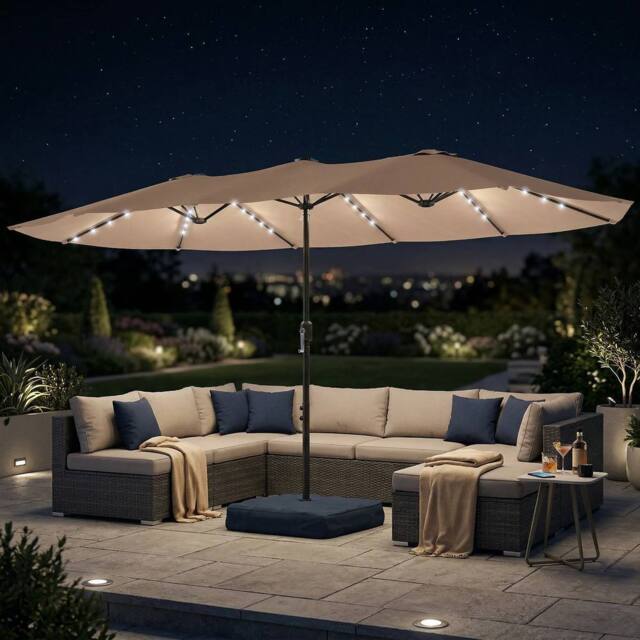 OUTSUNNY 4.5m Double Sided Garden Parasol w/ 60 Solar LED Lights in Khaki - image 1