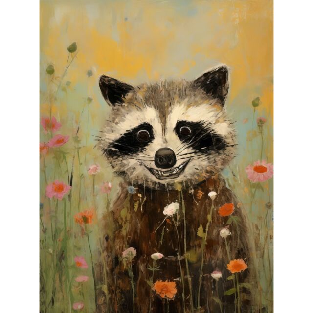"Artery8 Wall Art Print Gleeful Raccoon Picking Flowers Oil Painting Red White Blooms Spring Meadow Landscape Kids Bedroom Poster - Size: W24"" x H32""" - image 1