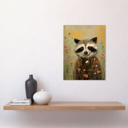 "Artery8 Wall Art Print Gleeful Raccoon Picking Flowers Oil Painting Red White Blooms Spring Meadow Landscape Kids Bedroom Poster - Size: W24"" x H32""" - thumbnail 2