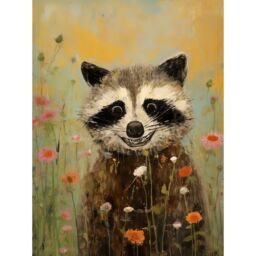 "Artery8 Wall Art Print Gleeful Raccoon Picking Flowers Oil Painting Red White Blooms Spring Meadow Landscape Kids Bedroom Poster - Size: W24"" x H32""" - thumbnail 1