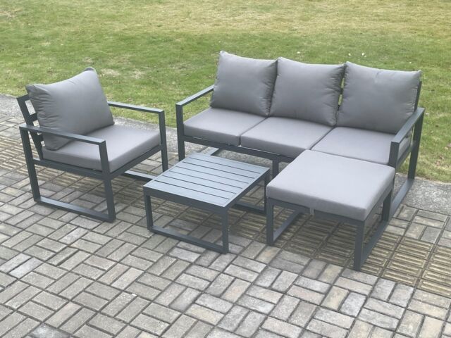 Fimous Aluminium Outdoor Garden Furniture Set Lounge Sofa Chair Square Coffee Table Sets with Big Footstool Dark Grey - image 1