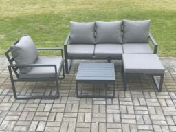 Fimous Aluminium Outdoor Garden Furniture Set Lounge Sofa Chair Square Coffee Table Sets with Big Footstool Dark Grey - thumbnail 2