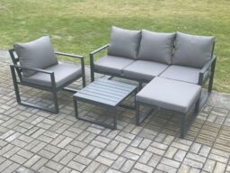 Fimous Aluminium Outdoor Garden Furniture Set Lounge Sofa Chair Square Coffee Table Sets with Big Footstool Dark Grey - thumbnail 1