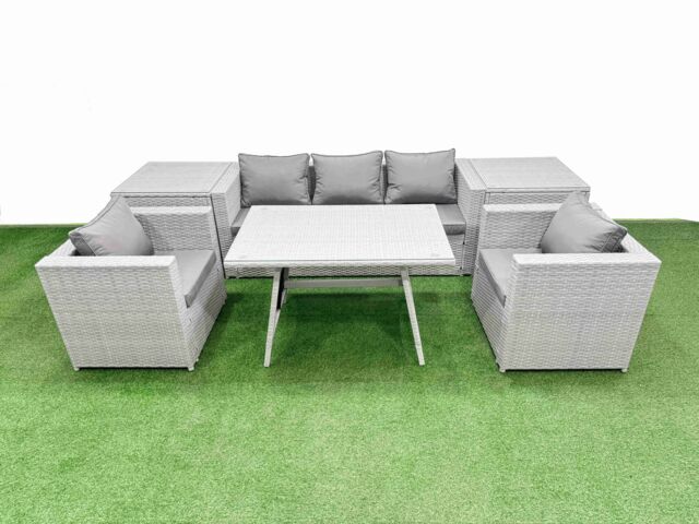 Fimous Outdoor PE Rattan Sofa Armchair Set with 2 Side Tables 7 Pieces in Light Grey - image 1
