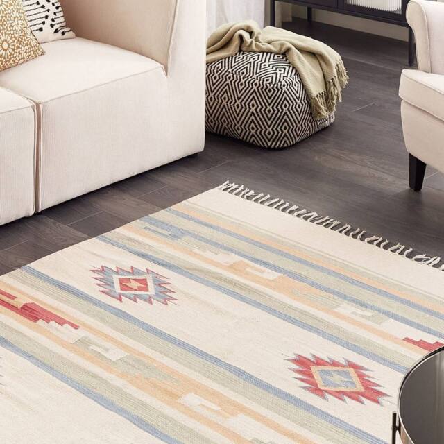Wyld and Coco Klim Handwoven Kilim Cotton Rug Beige Multicolour Reversible Tassels - Size: 140 cm x 200 cm - image 1