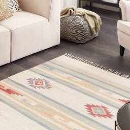 Wyld and Coco Klim Handwoven Kilim Cotton Rug Beige Multicolour Reversible Tassels - Size: 140 cm x 200 cm - thumbnail 1