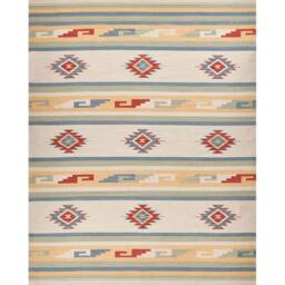 Wyld and Coco Klim Handwoven Kilim Cotton Rug Beige Multicolour Reversible Tassels - Size: 140 cm x 200 cm - thumbnail 2
