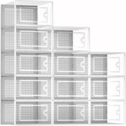 SPETLEK White 12 x Stackable Foldable Boxes Trainers Organiser Clear Plastic Box