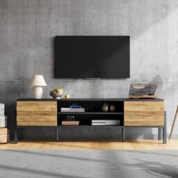 KORVIXA 175 cm TV Stand with 2 Cabinets & Open Shelves in Black - Size: 100 cm x 100 cm - thumbnail 3