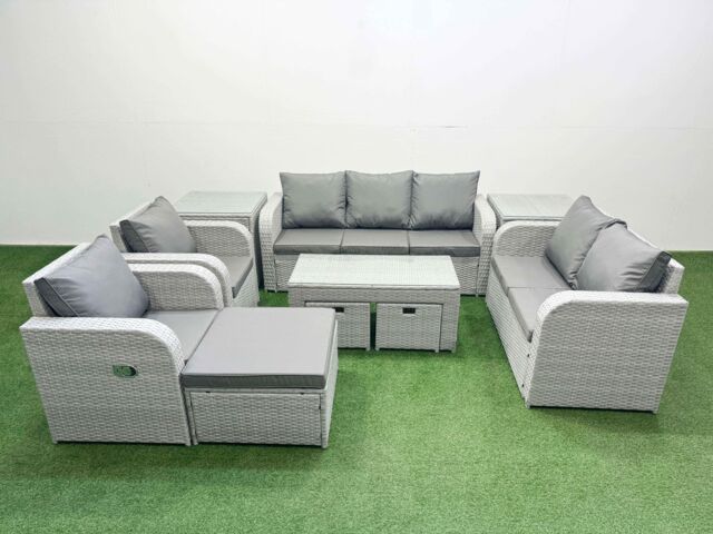 Fimous PE Rattan Garden Furniture Set Adjustable Chair Sofa Double Love Seat 2 Seater Sofa Lounge Set Rectangular Coffee Table 3 Stools 2 Side Table - image 1