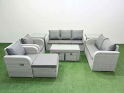 Fimous PE Rattan Garden Furniture Set Adjustable Chair Sofa Double Love Seat 2 Seater Sofa Lounge Set Rectangular Coffee Table 3 Stools 2 Side Table - thumbnail 1