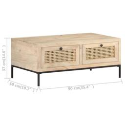 Berkfield Home Beautiful Coffee Table 90x50x37 cm Solid Mango Wood & Natural Cane in Light Brown - Size: 90 x 50 x 37 cm - thumbnail 7