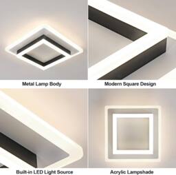 COMELY Modern Square 30W Ceiling Lights, Black + White, Bedroom, Living Room - thumbnail 6