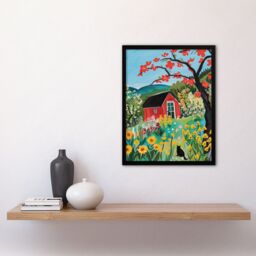 "Artery8 Red Cabin in Wildflower Valley Painting Colourful Framed Art Print - Size: W12"" x H16""" - thumbnail 4