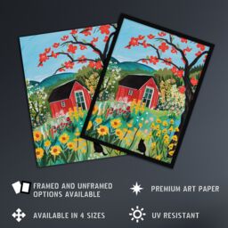 "Artery8 Red Cabin in Wildflower Valley Painting Colourful Framed Art Print - Size: W12"" x H16""" - thumbnail 2