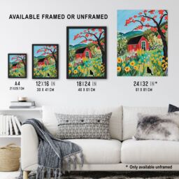 "Artery8 Red Cabin in Wildflower Valley Painting Colourful Framed Art Print - Size: W12"" x H16""" - thumbnail 3