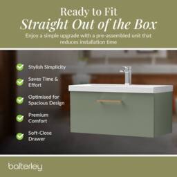 Balterley 800mm Wall Hung 1 Drawer Vanity Basin Unit, Satin Green, Copper Handle in Green - thumbnail 4