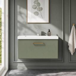 Balterley 800mm Wall Hung 1 Drawer Vanity Basin Unit, Satin Green, Copper Handle in Green - thumbnail 9