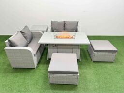 Fimous 6 Seater Outdoor Love Sofa Set Rattan Garden Furniture Set with Firepit Dining Table 2 Footstool Side Table Light Grey - thumbnail 1