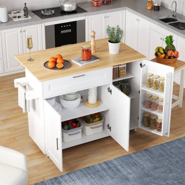 Rolipo Large Oak Mobile Kitchen Island Cart with Drop Leaf & Spice Rack in White - image 1