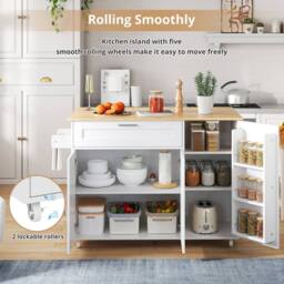 Rolipo Large Oak Mobile Kitchen Island Cart with Drop Leaf & Spice Rack in White - thumbnail 3