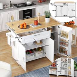 Rolipo Large Oak Mobile Kitchen Island Cart with Drop Leaf & Spice Rack in White - thumbnail 6