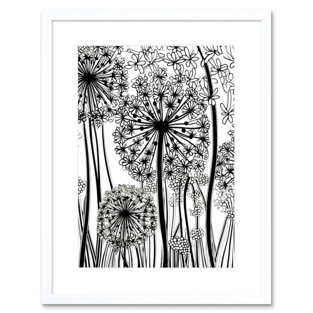 "Artery8 Wall Art Print Black & White Contour Folk Art Allium Flowers Artwork Framed 9X7 Inch - Size: W7"" x H9""" - image 1